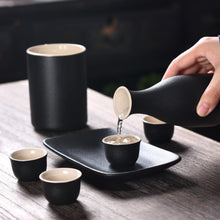 Load image into Gallery viewer, Japanese Sake Cup Set with Warmer- Mini Ceramic Sake set- 9 pcs Sake set- Black and White classic Sake Set
