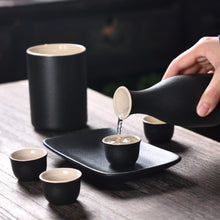 Load image into Gallery viewer, Japanese Sake Cup Set with Warmer- Mini Ceramic Sake set- 9 pcs Sake set- Black and White classic Sake Set