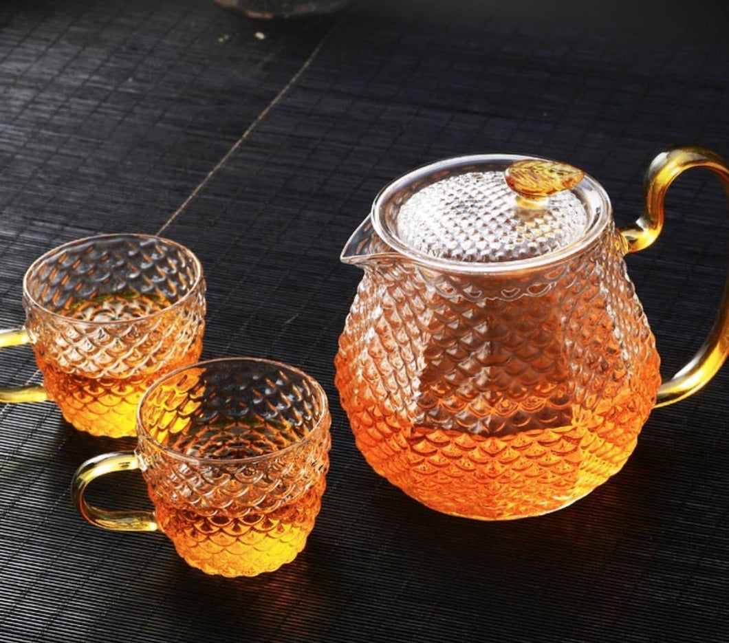 Scales Pattern Glass Chinese Tea Set With 4 cups- Glass Traditional Tea Set With Cups
