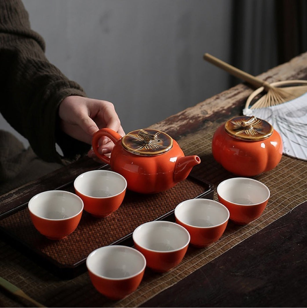 Traditional Chinese Tea Set- Ceramic Red Persimmon Tea Set with cups and Tea Plant Canister