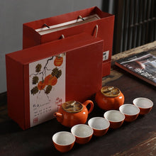 Load image into Gallery viewer, Traditional Chinese Tea Set- Ceramic Red Persimmon Tea Set with cups and Tea Plant Canister

