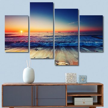 4 Panels Beach Sunset Canvas Printed Paintings Sea Seascape