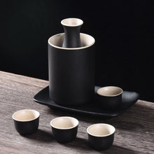 Load image into Gallery viewer, Japanese Sake Cup Set with Warmer- Mini Ceramic Sake set- 9 pcs Sake set- Black and White classic Sake Set
