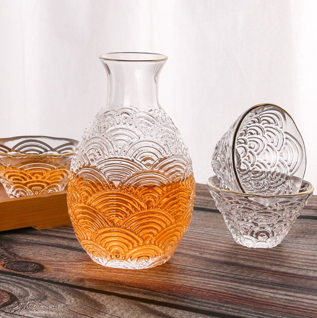 Classic Glass Sake Cup Set- Stripe Sake Set with gold grid fringe- 5 pcs sake set