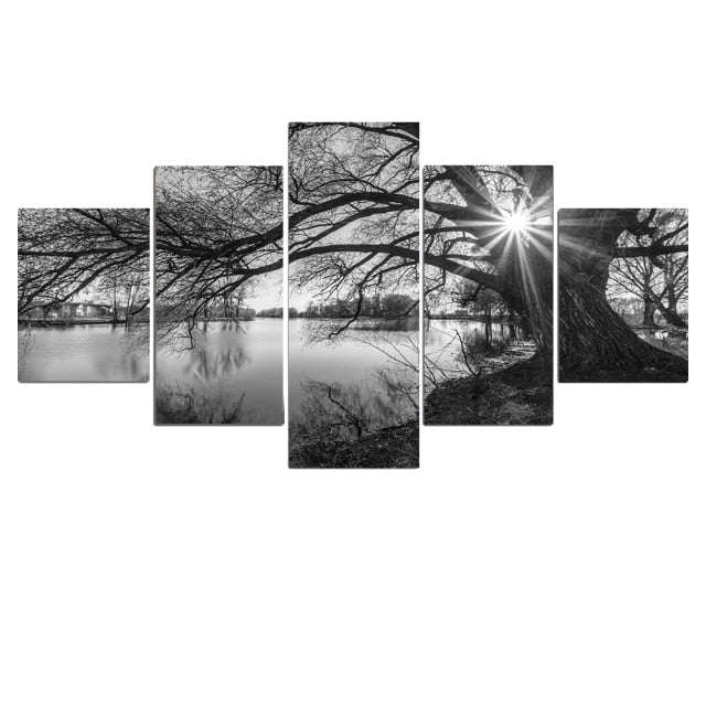 Black White Painting Tree River Canvas